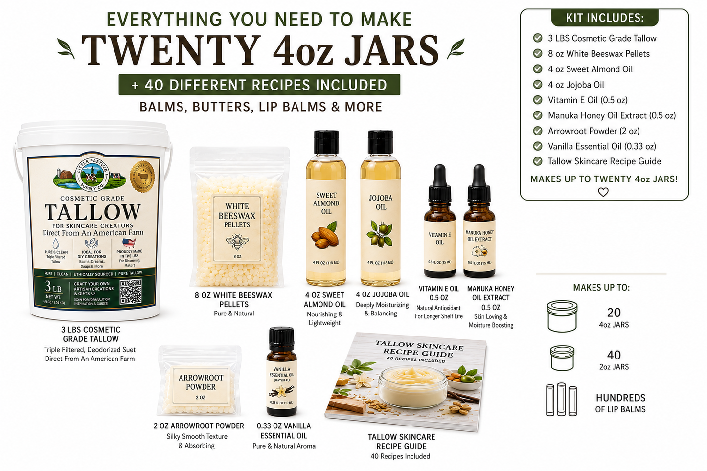 DIY Tallow Skincare Kit - 20 Recipes Included - Balms, Butters, Lip Balms & More