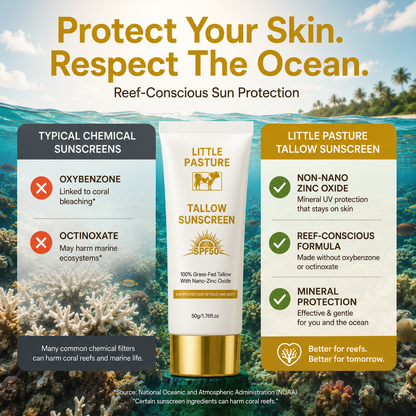 #1 Rated Reef-Safe Tallow & Non-Nano Zinc Oxide Mineral Sunscreen SPF 50, Water Resistant 80 Min