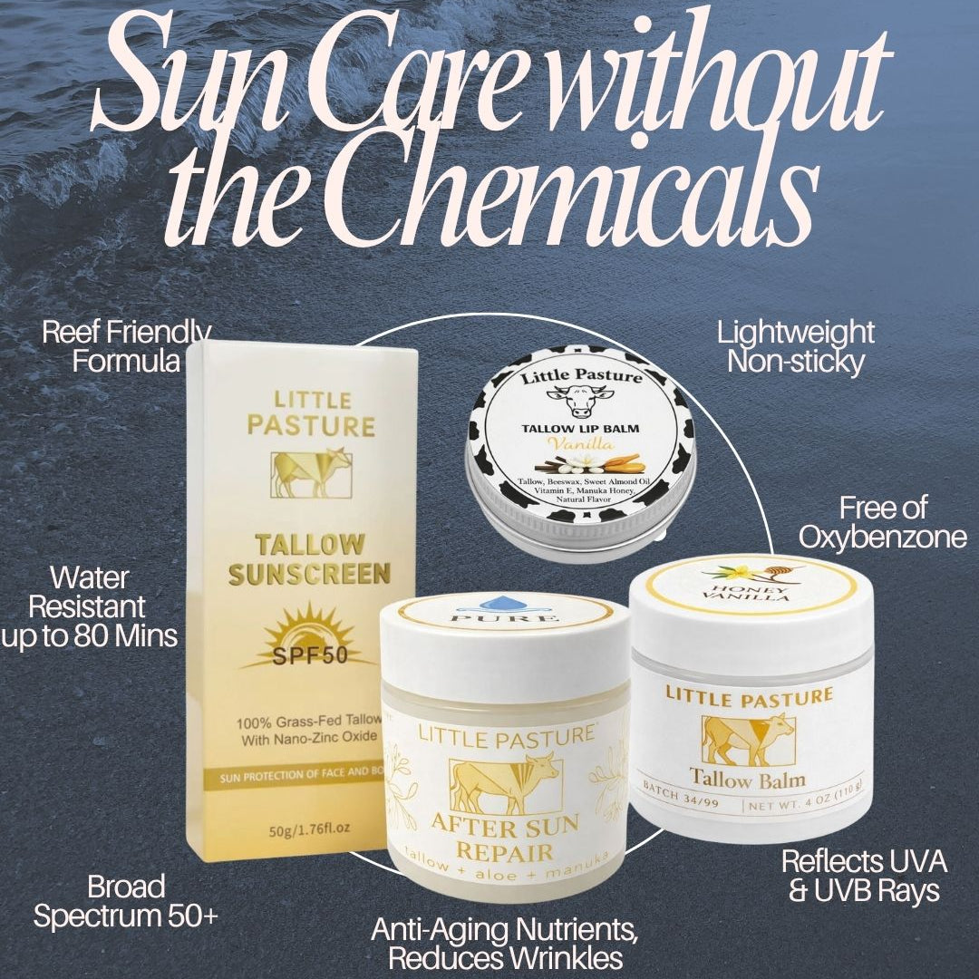 Complete 4pc Sun Care Kit: Sunscreen, After-Sun Repair, Lip Balm, Moisturizing Balm